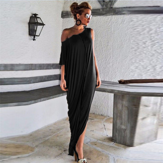 Plus Size One Shoulder Loose Long Dresses-Maxi Dresses-Free Shipping at meselling99