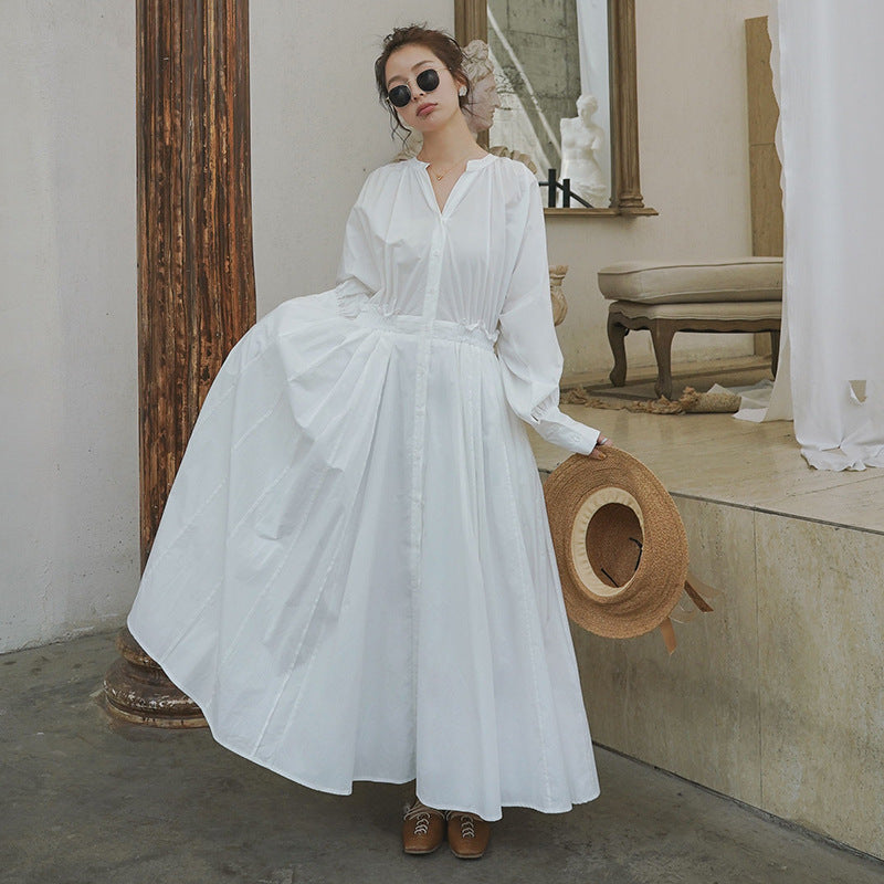 White Long Sleeves Fall Long Maxi Dresses-Maxi Dresses-Free Shipping at meselling99