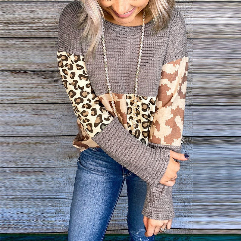 Women Leopard Print Long Sleeves Sweaters-Sweaters-Khaki-S-Free Shipping at meselling99
