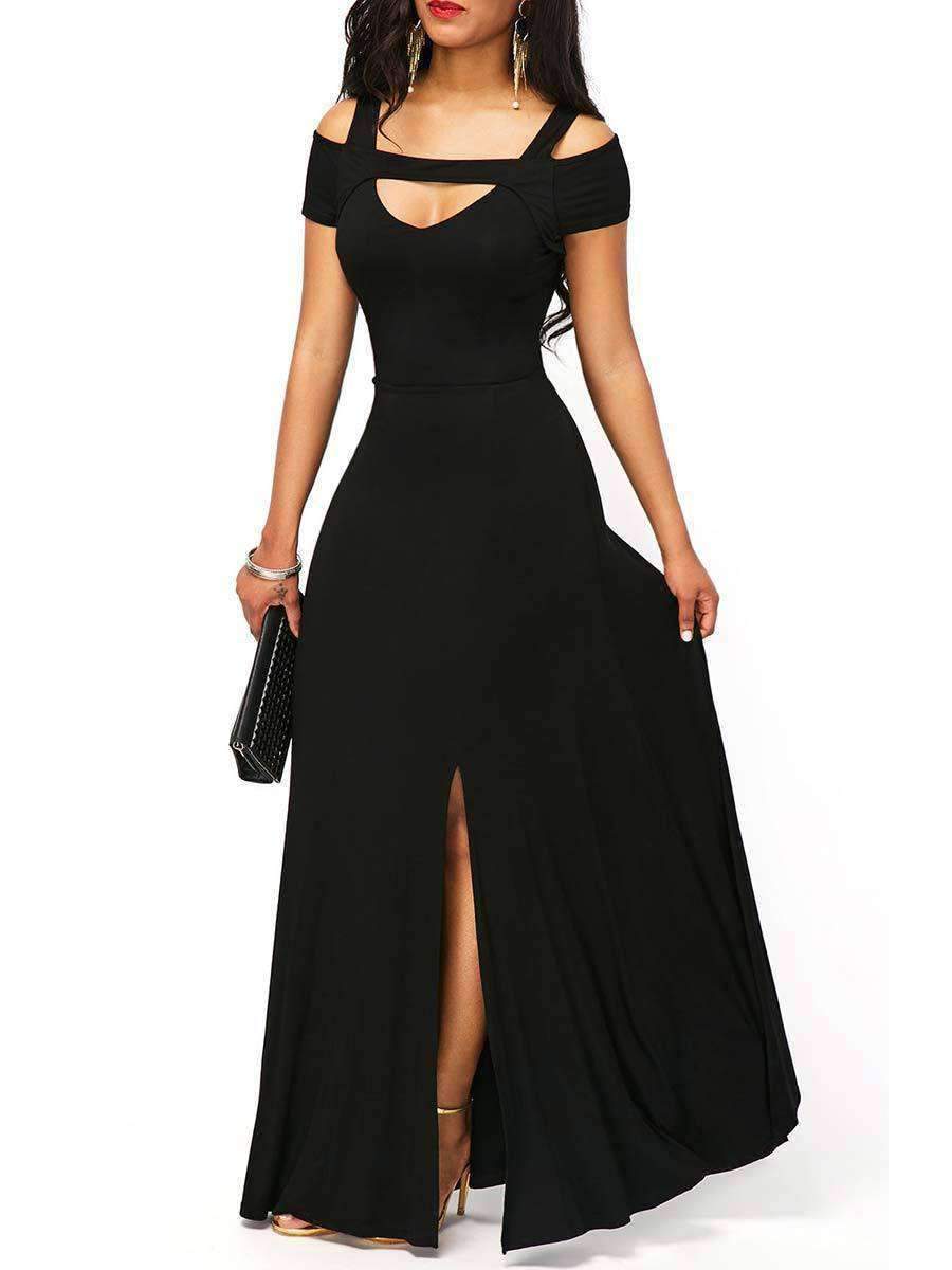 Sexy Backless Square Neck Short Sleeve Maxi Dresses-Maxi Dresses-Black-S-Free Shipping at meselling99