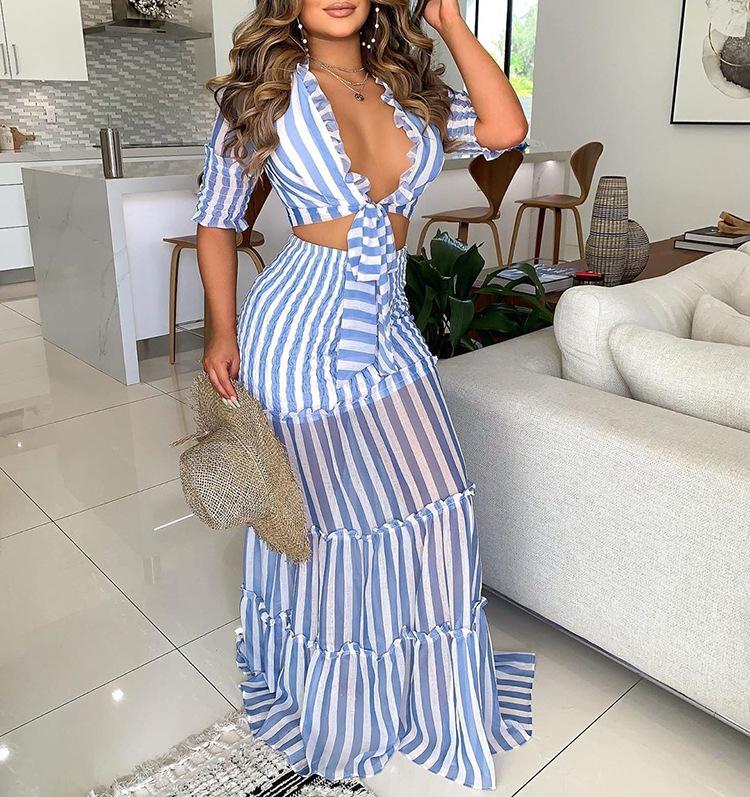 Casual Striped See Through Dress Suits-Maxi Dresses-Blue-S-Free Shipping at meselling99