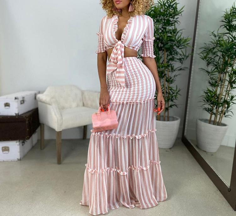 Casual Striped See Through Dress Suits-Maxi Dresses-Pink-S-Free Shipping at meselling99