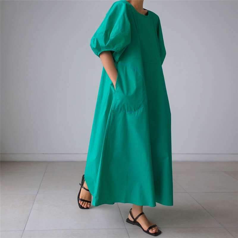 Loose Cozy Puff Sleeves Long Dresses-Maxi Dresses-Green-S-Free Shipping at meselling99