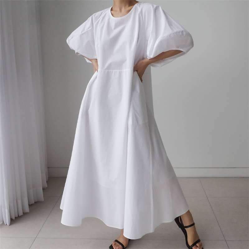 Loose Cozy Puff Sleeves Long Dresses-Maxi Dresses-White-S-Free Shipping at meselling99