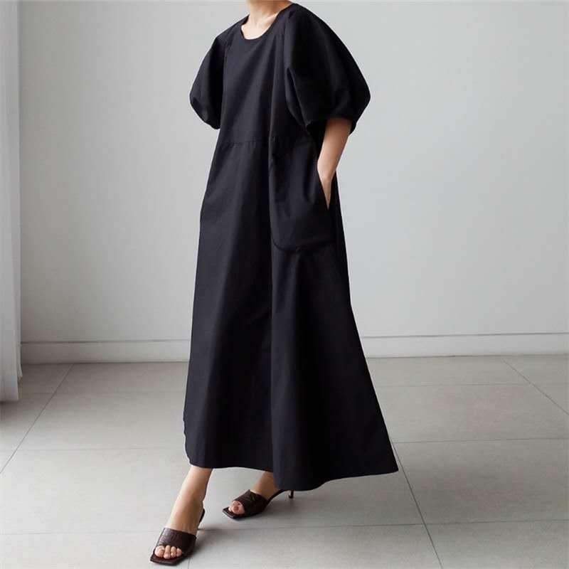 Loose Cozy Puff Sleeves Long Dresses-Maxi Dresses-Black-S-Free Shipping at meselling99