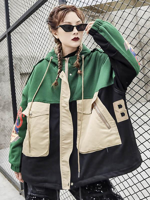 Contrast Color Split-Joint Printed Drawstring Jacket Outerwear-Outwears-GREEN-FREE SIZE-Free Shipping at meselling99
