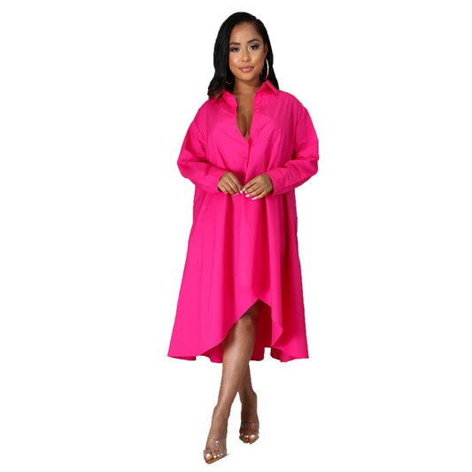 Casual Plus Sizes Long Sleeves Shirt Dresses-Dresses-Rose Red-M-Free Shipping at meselling99