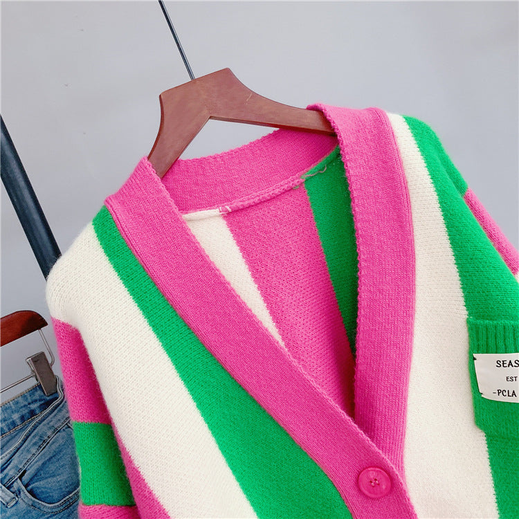 Women Striped Loose Knitting Cardigans-Women Sweaters-Free Shipping at meselling99