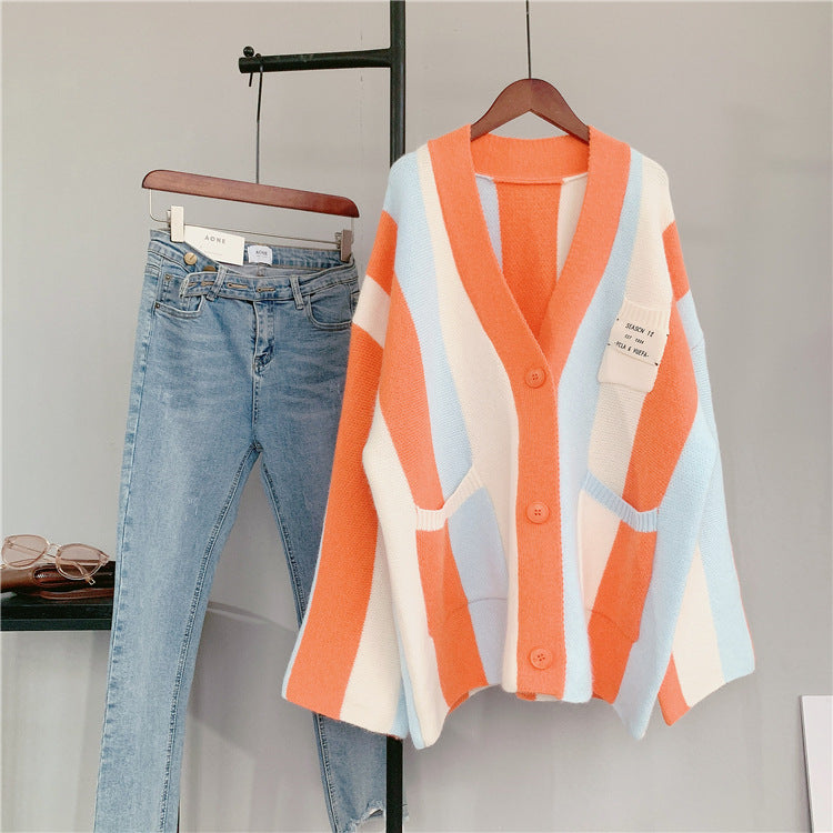 Women Striped Loose Knitting Cardigans-Women Sweaters-Orange-One Size-Free Shipping at meselling99