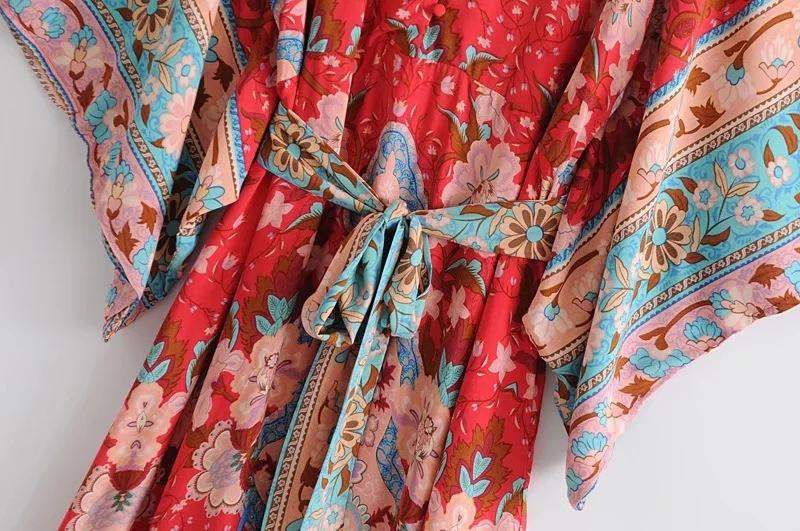 Meselling99 Red V-neck Bohemia Floral Print Kimono Style Dresses-Maxi Dresses-Free Shipping at meselling99