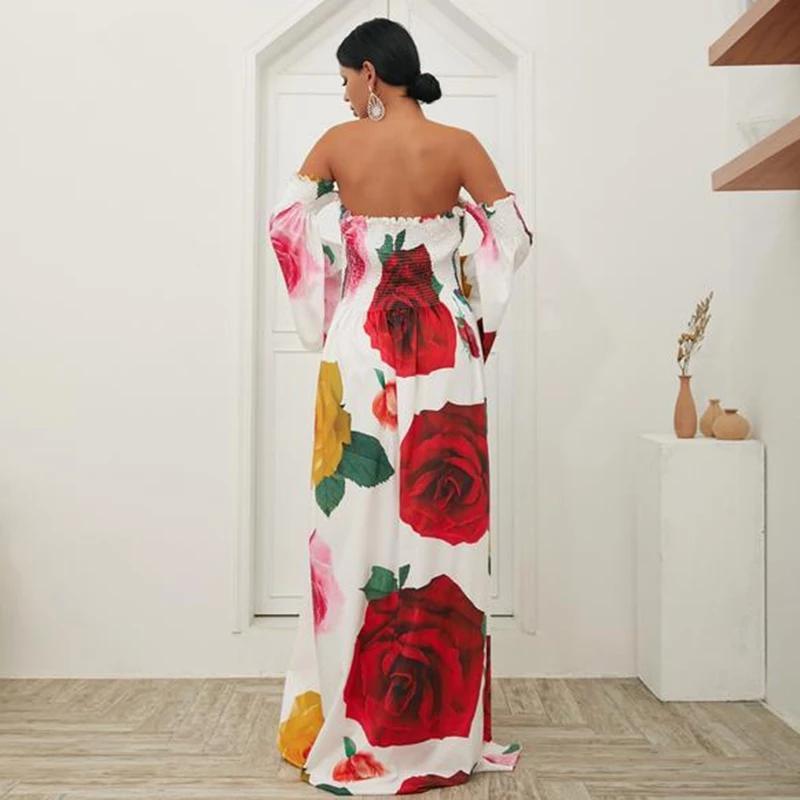 Meselling99 White Rose Floral Strapless Off Shoulder Sleeve Big Hem Long Dress-Women Dresses-Free Shipping at meselling99
