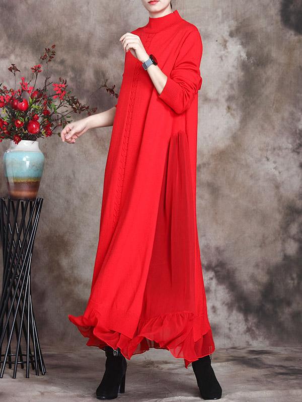 Simple Split-Joint High-Neck Falbala Dress-Maxi Dress-RED-FREE SIZE-Free Shipping at meselling99