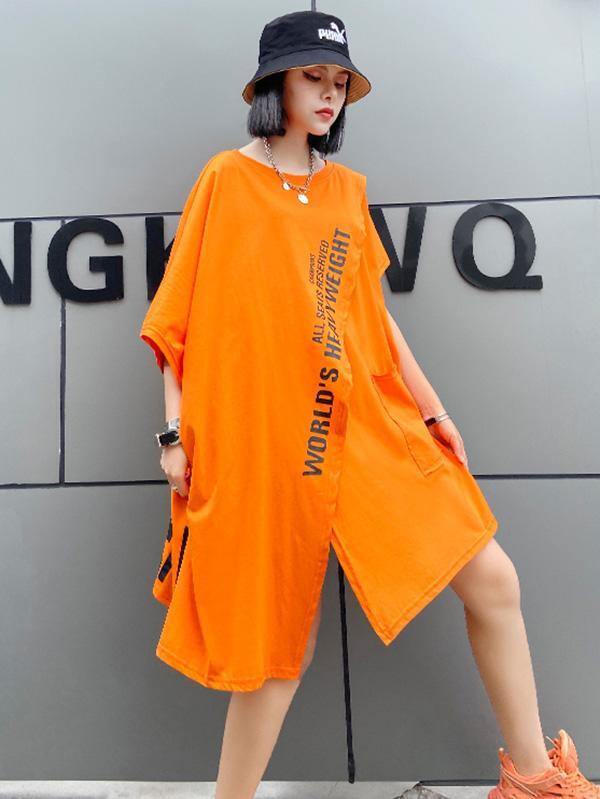 Cropped Letter Print Loose&Comfortable Split-Front Round-Neck T-Shirt--Free Shipping at meselling99
