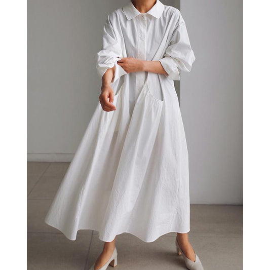 Meselling99 Urban White Lapel Long Shirt Dress-Maxi Dress-Free Shipping at meselling99