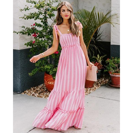 New Summer Sleeveless Straps Striped Long Dresses-Maxi Dresses-Pink-S-Free Shipping at meselling99