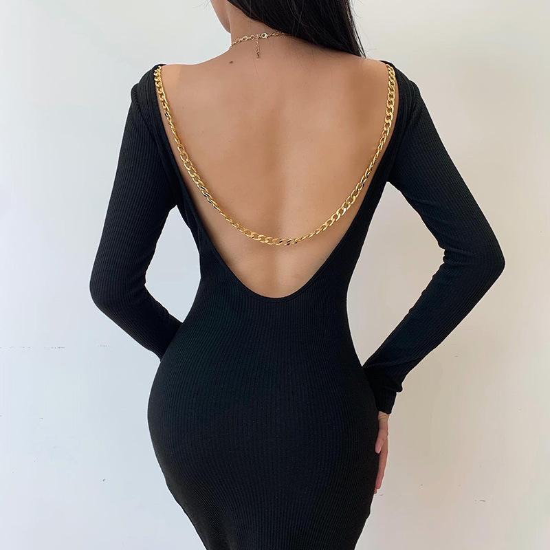 Sexy Backless Long Sleeves Fall Sheath Dresses-Dresses-Black-S-Free Shipping at meselling99