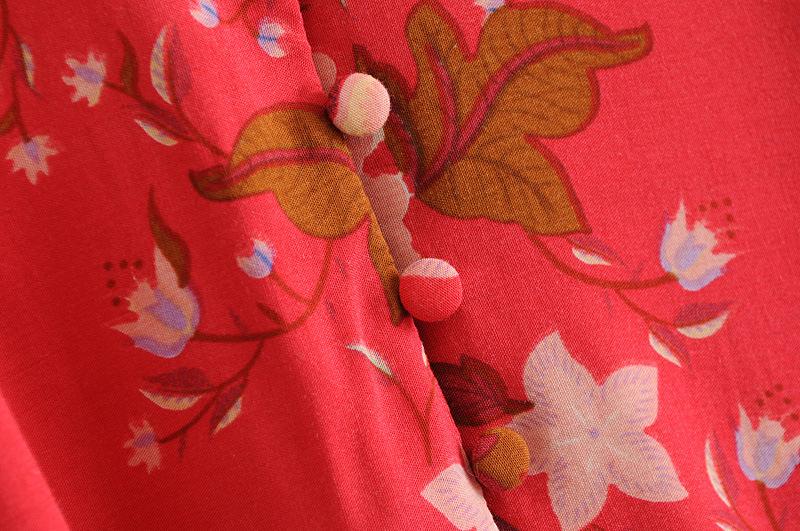 Meselling99 Red V-neck Bohemia Floral Print Kimono Style Dresses-Maxi Dresses-Free Shipping at meselling99