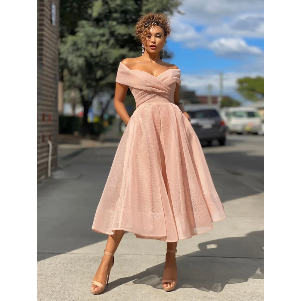 Tulle Off The Shoulder Slim Waist Dresses-Pink-S-Free Shipping at meselling99