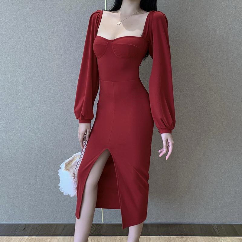 Sexy Square Neckline Split Long Sleeves Dresses-Dresses-Red-S-Free Shipping at meselling99
