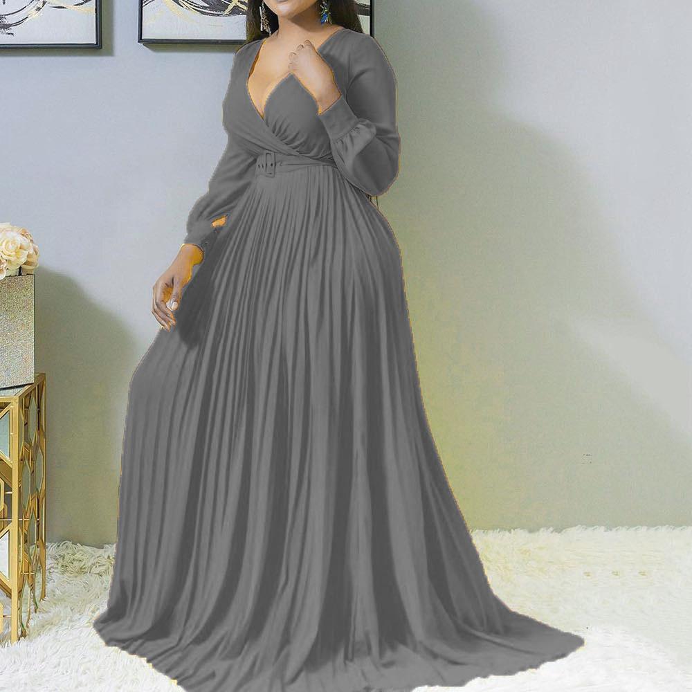 Women V Neck Plus Size Long Dresses-Maxi Dresses-Gray-S-Free Shipping at meselling99