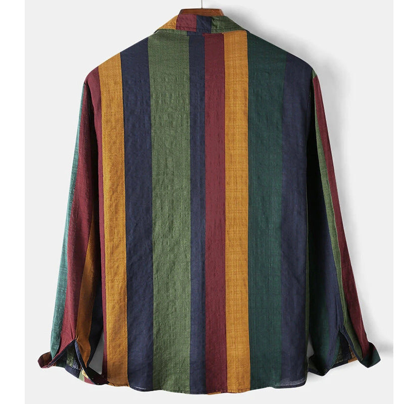 Fashion Casual Rainbow Striped Men Long Sleeves Shirts-Men Shirts-Free Shipping at meselling99