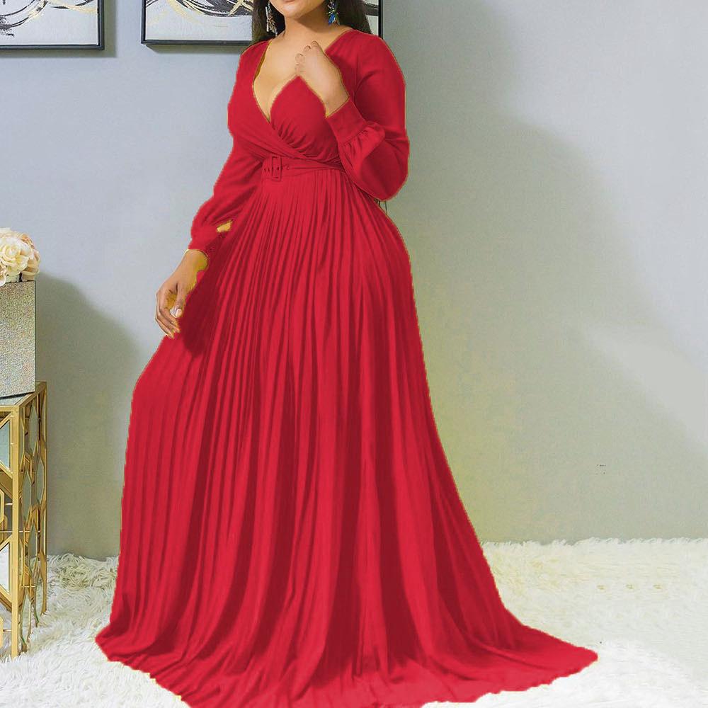 Women V Neck Plus Size Long Dresses-Maxi Dresses-Red-S-Free Shipping at meselling99