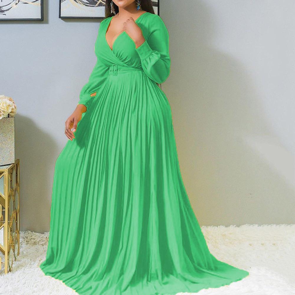Women V Neck Plus Size Long Dresses-Maxi Dresses-Green-S-Free Shipping at meselling99