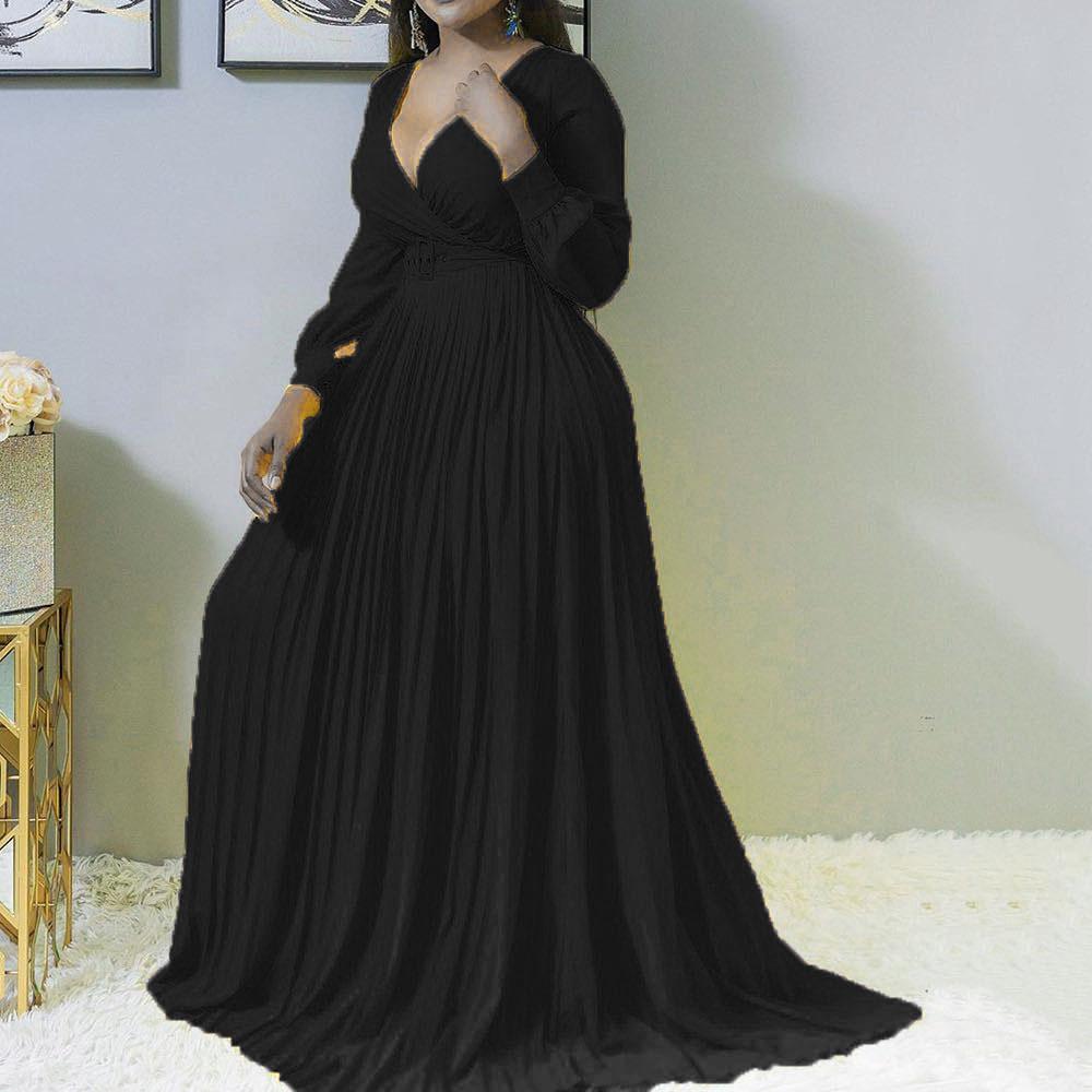 Women V Neck Plus Size Long Dresses-Maxi Dresses-Black-S-Free Shipping at meselling99