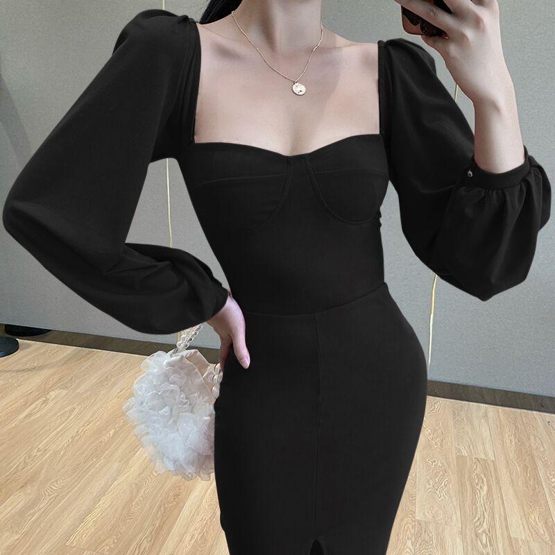 Sexy Square Neckline Split Long Sleeves Dresses-Dresses-Black-S-Free Shipping at meselling99