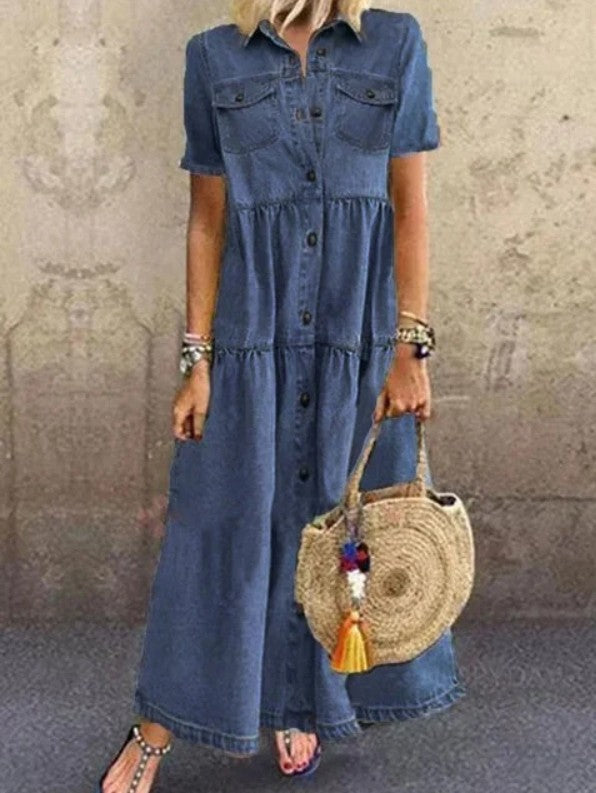 Fashion Demin Style Button Fall Long Dresses-Maxi Dresses-Dark Blue-S-Free Shipping at meselling99