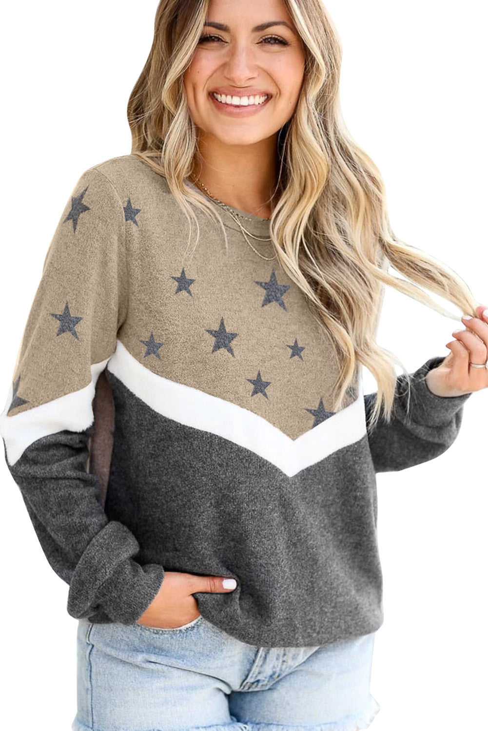 Women Long Sleeves Star Print Fall Sweaters-Shirts & Tops-Khaki-S-Free Shipping at meselling99