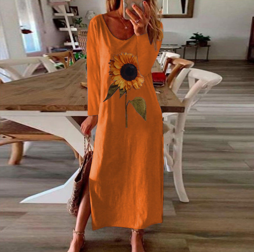 Women Sunflower Long Sleeves Dresses-Maxi Dresses-Orange-S-Free Shipping at meselling99