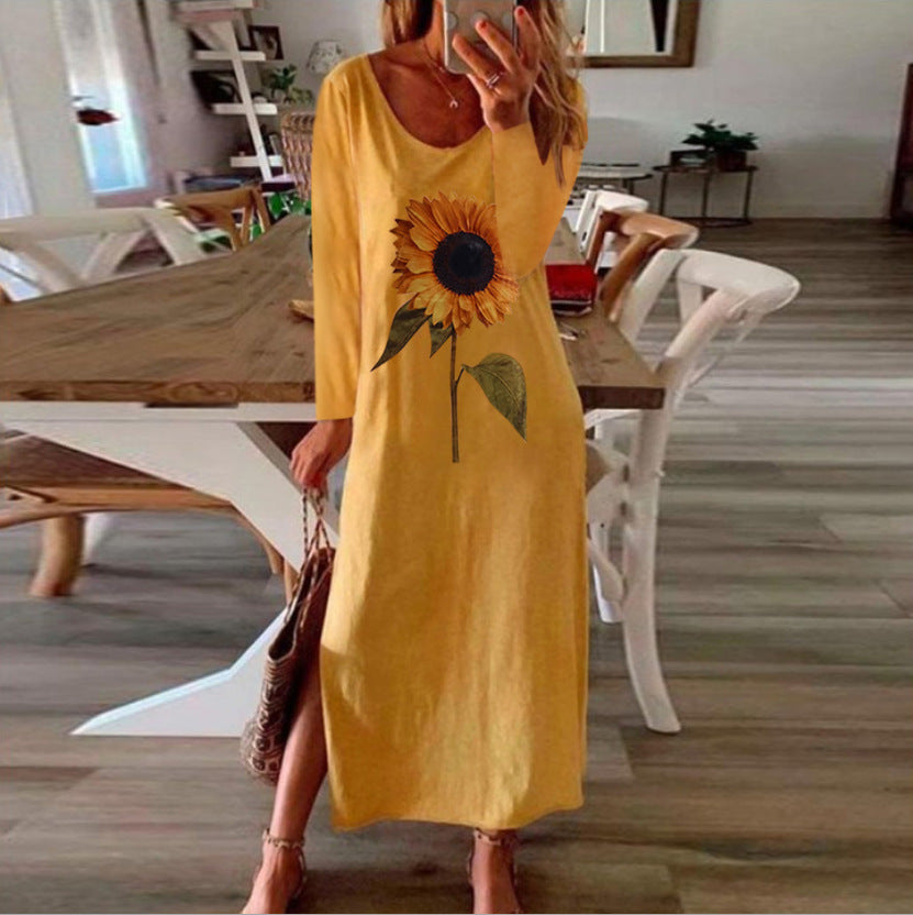 Women Sunflower Long Sleeves Dresses-Maxi Dresses-Yellow-S-Free Shipping at meselling99