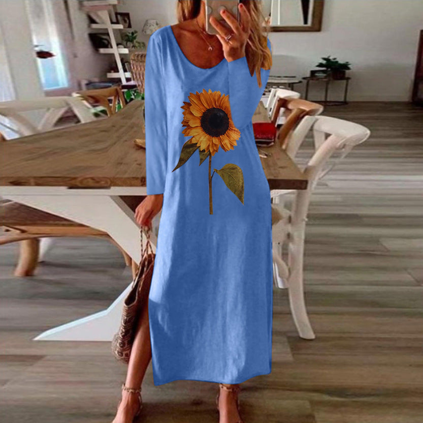 Women Sunflower Long Sleeves Dresses-Maxi Dresses-Free Shipping at meselling99