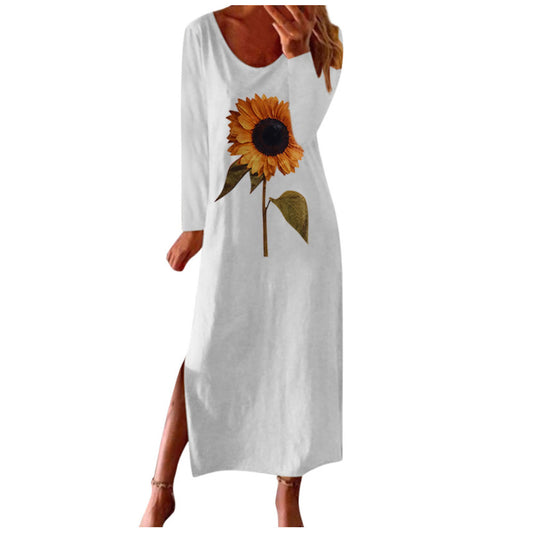Women Sunflower Long Sleeves Dresses-Maxi Dresses-White-S-Free Shipping at meselling99