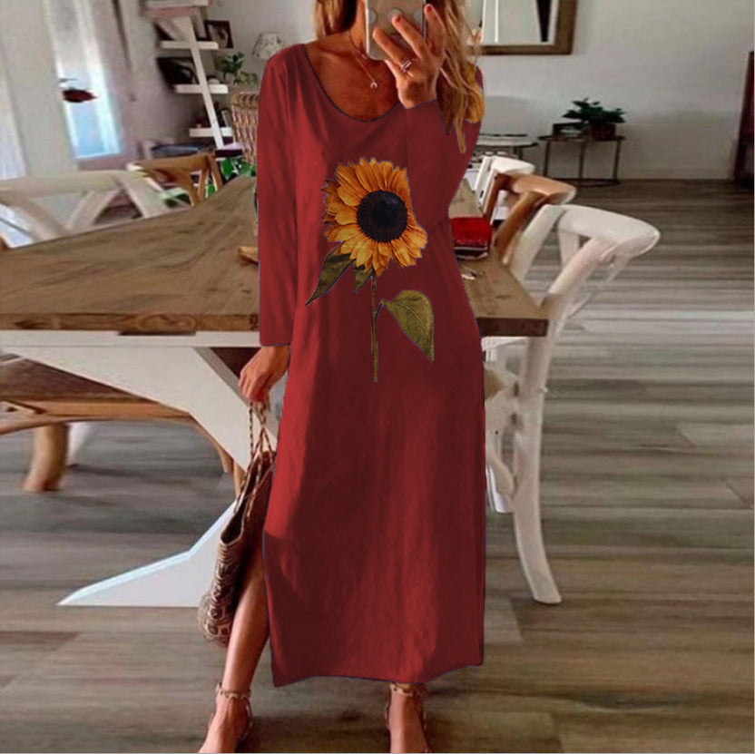 Women Sunflower Long Sleeves Dresses-Maxi Dresses-Wine Red-S-Free Shipping at meselling99