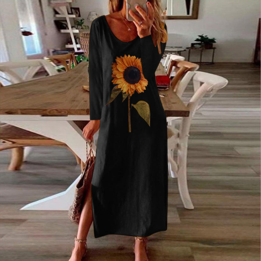 Women Sunflower Long Sleeves Dresses-Maxi Dresses-Black-S-Free Shipping at meselling99