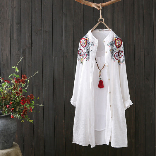 Vintage Women Cotton Embroidery Long Sleeves Shirts-Shirts & Tops-White-M-Free Shipping at meselling99