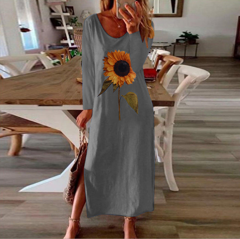 Women Sunflower Long Sleeves Dresses-Maxi Dresses-Gray-S-Free Shipping at meselling99
