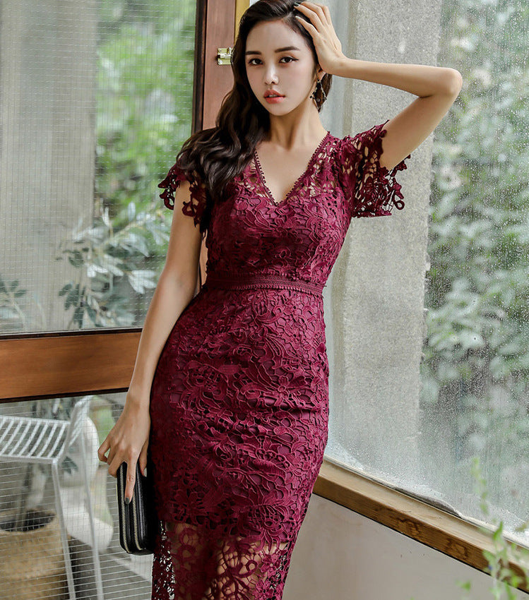 Sexy V Neck Bodycon Lace Dresses-Dresses-Wine Red-S-Free Shipping at meselling99
