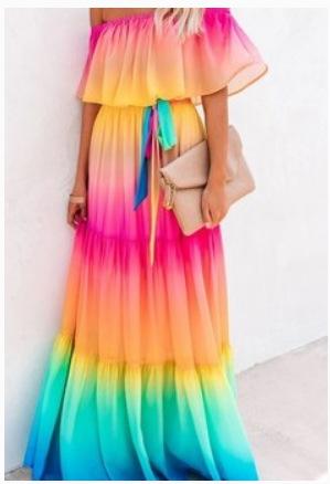 Meselling99 Women Off The Shoudler Gradient Colour Pint Long Maxi Dresses-Maxi Dreses-Rainbow-1-S-Free Shipping at meselling99