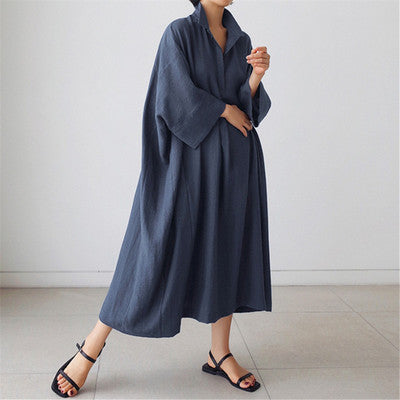 Vintage Linen Plus Sizes Batwing Long Cozy Shirts Dresses-Dresses-Navy Blue-S-Free Shipping at meselling99