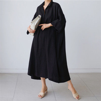 Vintage Linen Plus Sizes Batwing Long Cozy Shirts Dresses-Dresses-Black-S-Free Shipping at meselling99