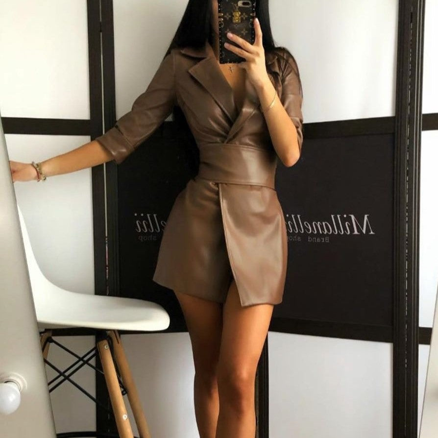Women Long Sleeves Blazer Mini PU Dresses with Belt-Sexy Dresses-Free Shipping at meselling99