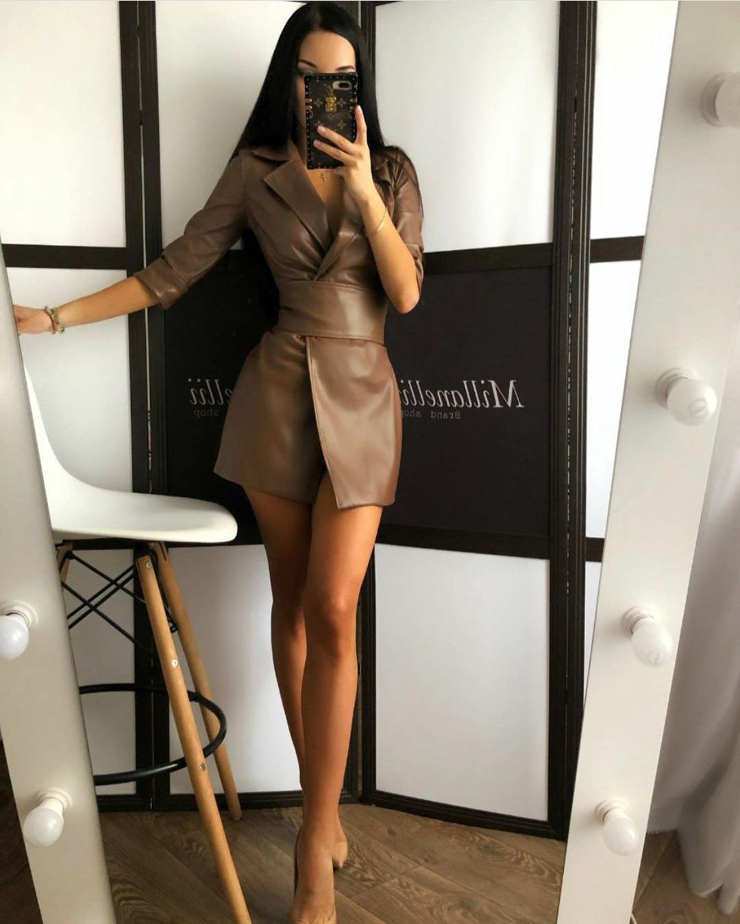 Women Long Sleeves Blazer Mini PU Dresses with Belt-Sexy Dresses-Free Shipping at meselling99