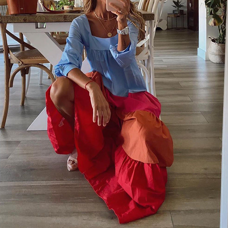 Leisure Long Sleeves Constract Dresses-Maxi Dresses-Blue-S-Free Shipping at meselling99