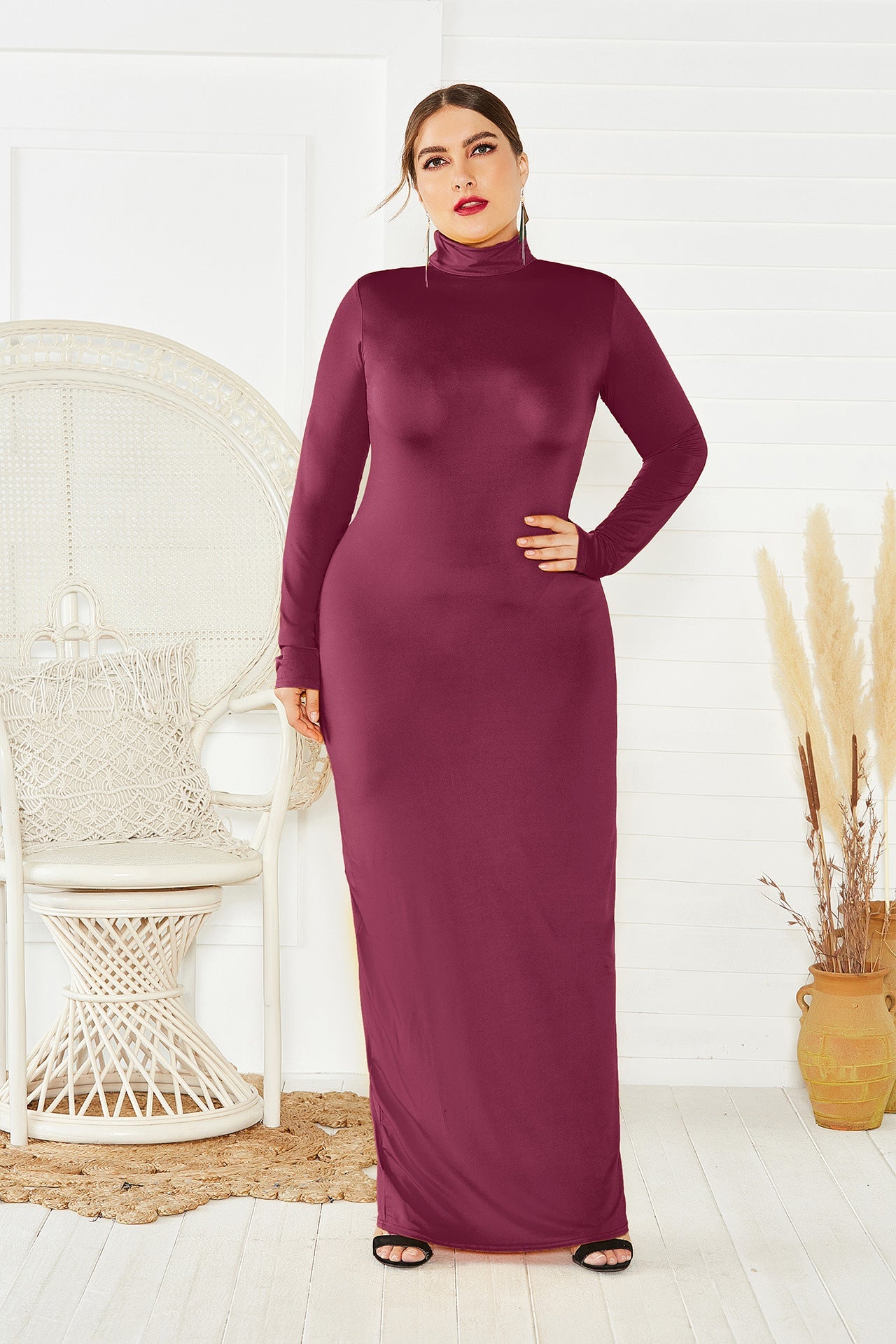 Elegant Turtleneck Plus Sizes Dresses-Dresses-Wine Red-2XL-Free Shipping at meselling99