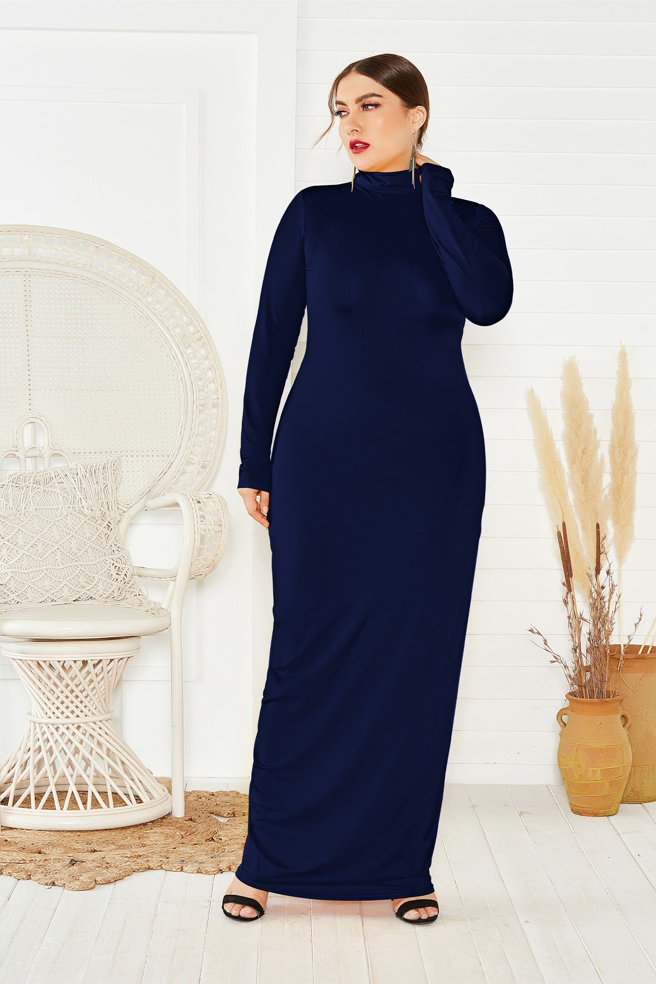 Elegant Turtleneck Plus Sizes Dresses-Dresses-Dark Blue-2XL-Free Shipping at meselling99