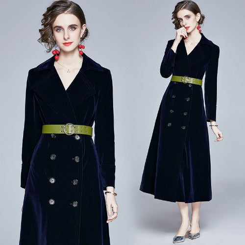 Winter Luxury Velvet Double Breasted Long Overcoat-Outerwear-Blue-M-Free Shipping at meselling99