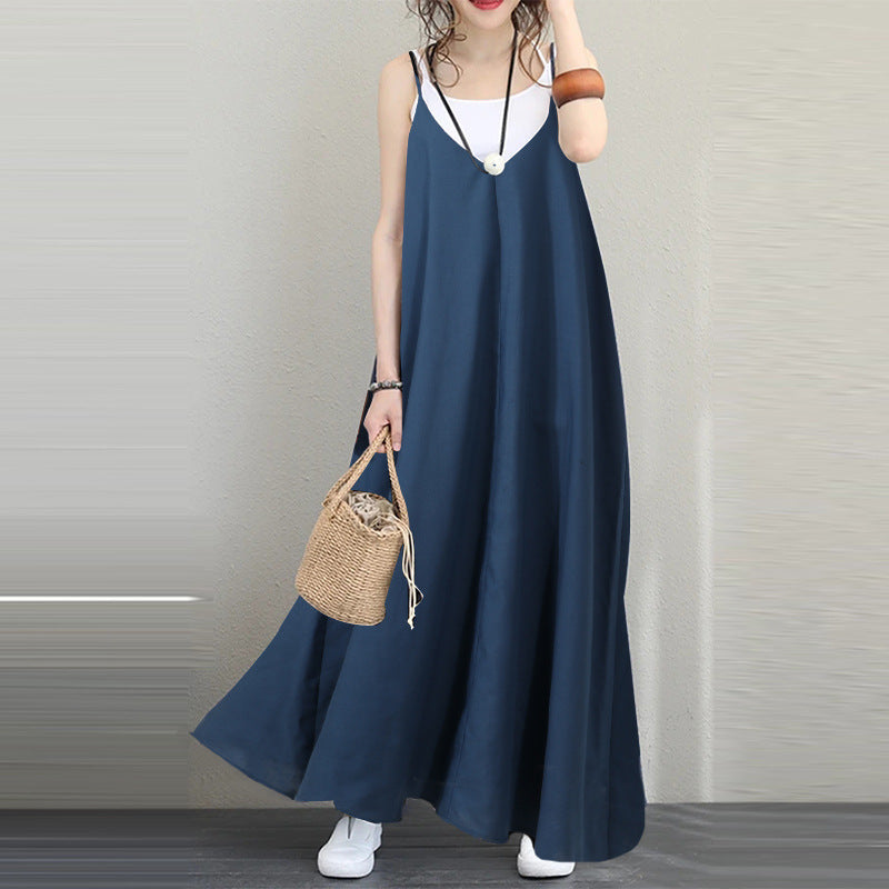 Plus Sizes Sexy Backless Loose Long Dresses-Maxi Dresses-Blue-M-Free Shipping at meselling99